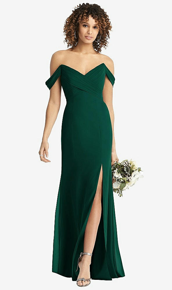 【STYLE: 8193】Off-the-Shoulder Criss Cross Bodice Trumpet Gown【COLOR: Hunter Green】