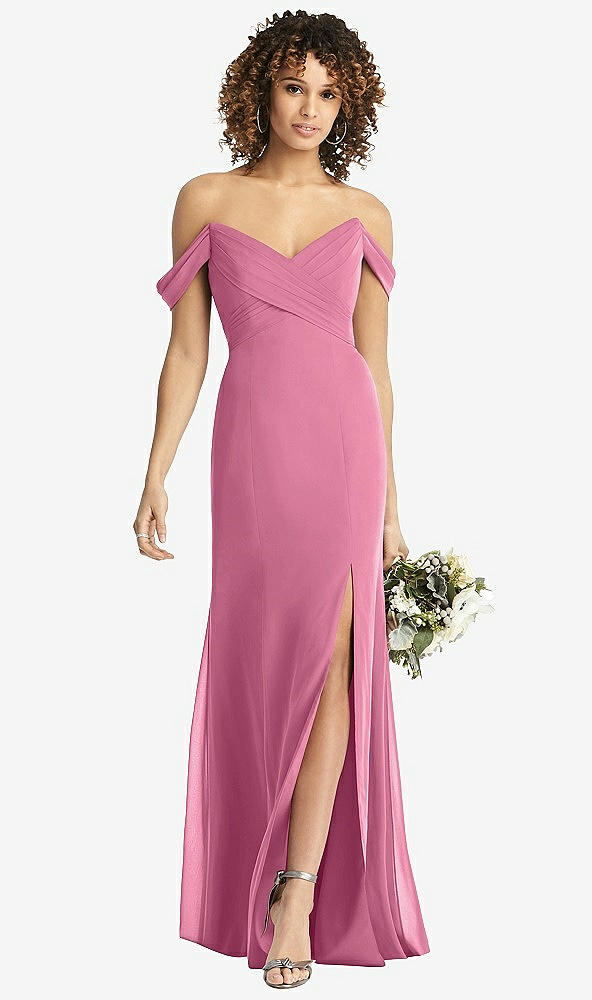 【STYLE: 8193】Off-the-Shoulder Criss Cross Bodice Trumpet Gown【COLOR: Orchid Pink】
