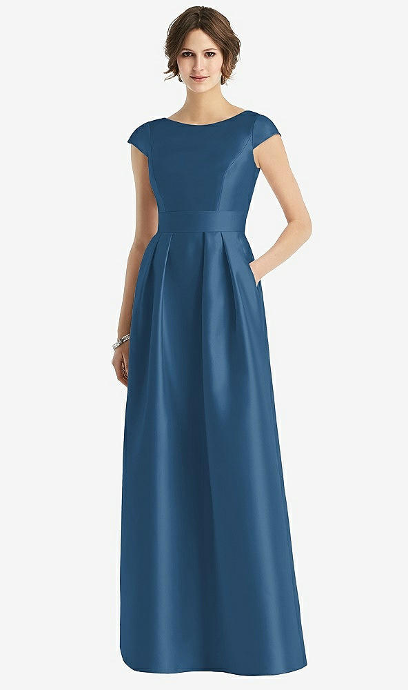 【STYLE: D767】Cap Sleeve Pleated Skirt Dress with Pockets【COLOR: Dusk Blue】
