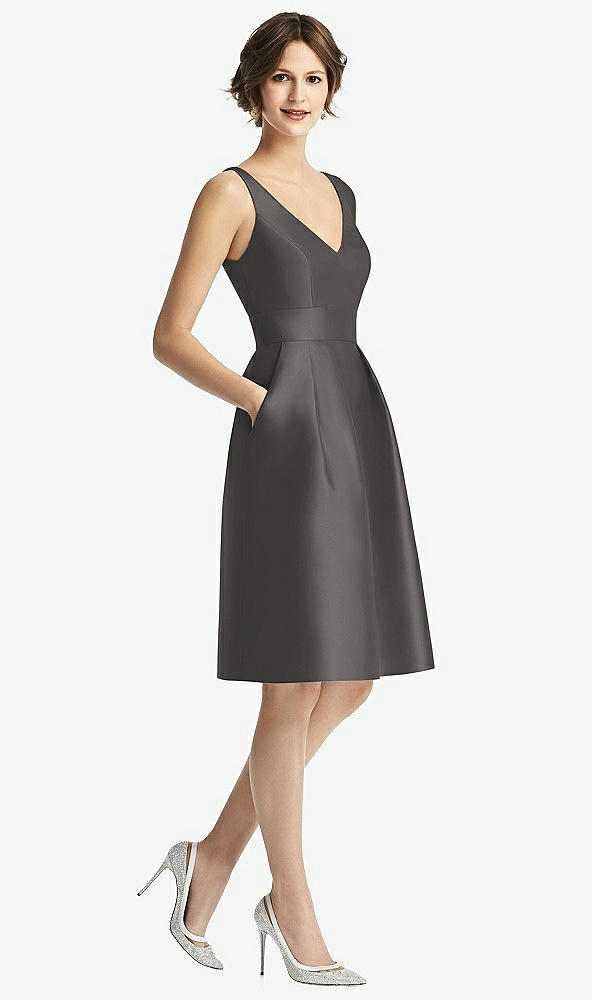 【STYLE: D768】V-Neck Pleated Skirt Cocktail Dress with Pockets【COLOR: Caviar Gray】