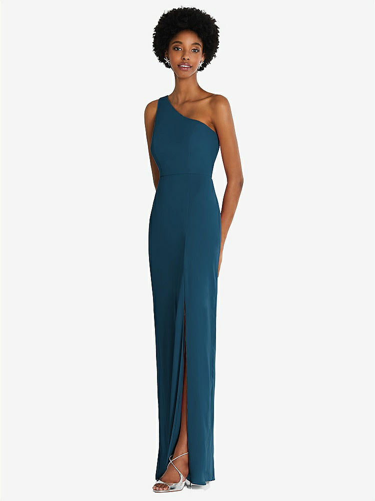 【STYLE: TH014】One-Shoulder Chiffon Trumpet Gown【COLOR: Atlantic Blue】