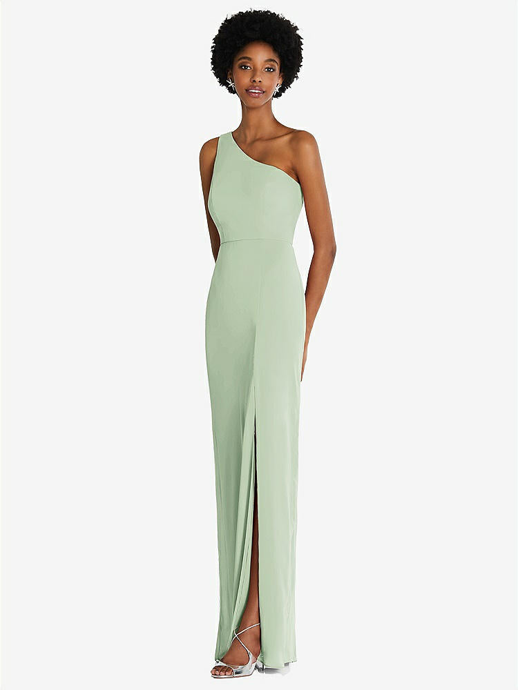 【STYLE: TH014】One-Shoulder Chiffon Trumpet Gown【COLOR: Celadon】