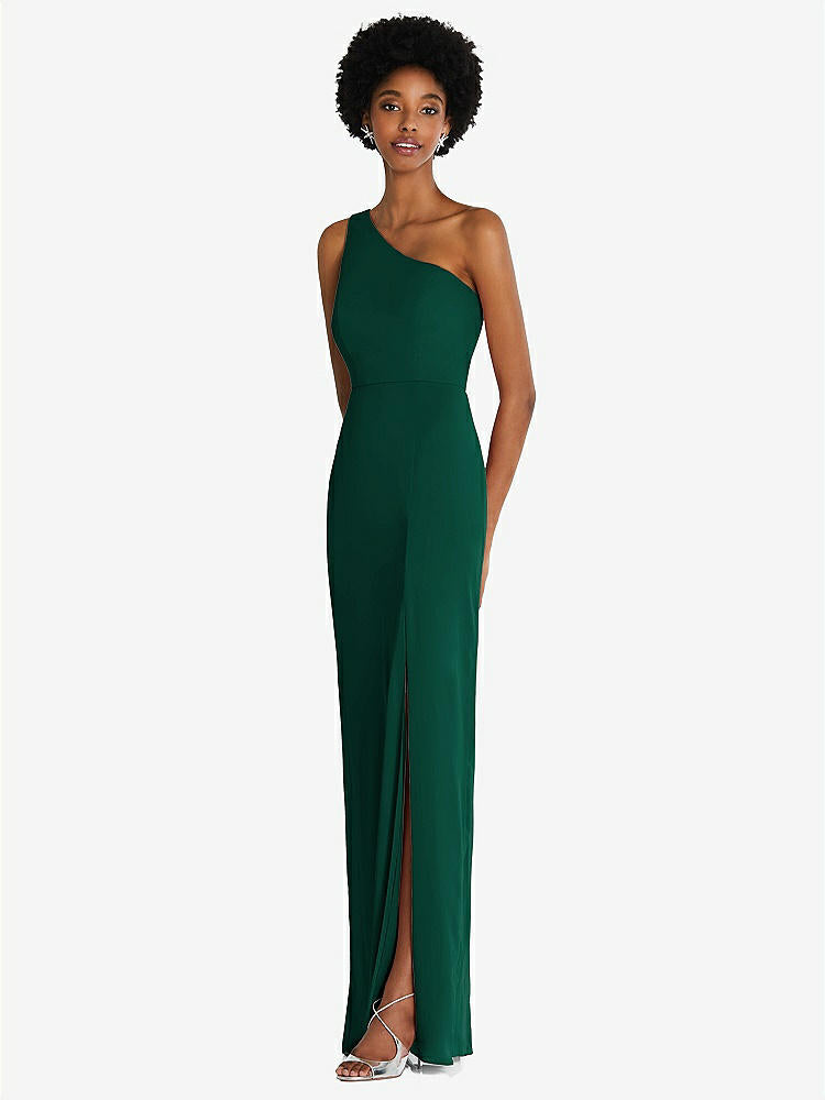 【STYLE: TH014】One-Shoulder Chiffon Trumpet Gown【COLOR: Hunter Green】