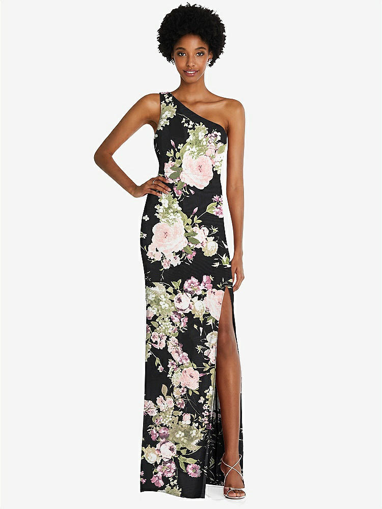 【STYLE: TH014】One-Shoulder Chiffon Trumpet Gown【COLOR: Noir Garden】