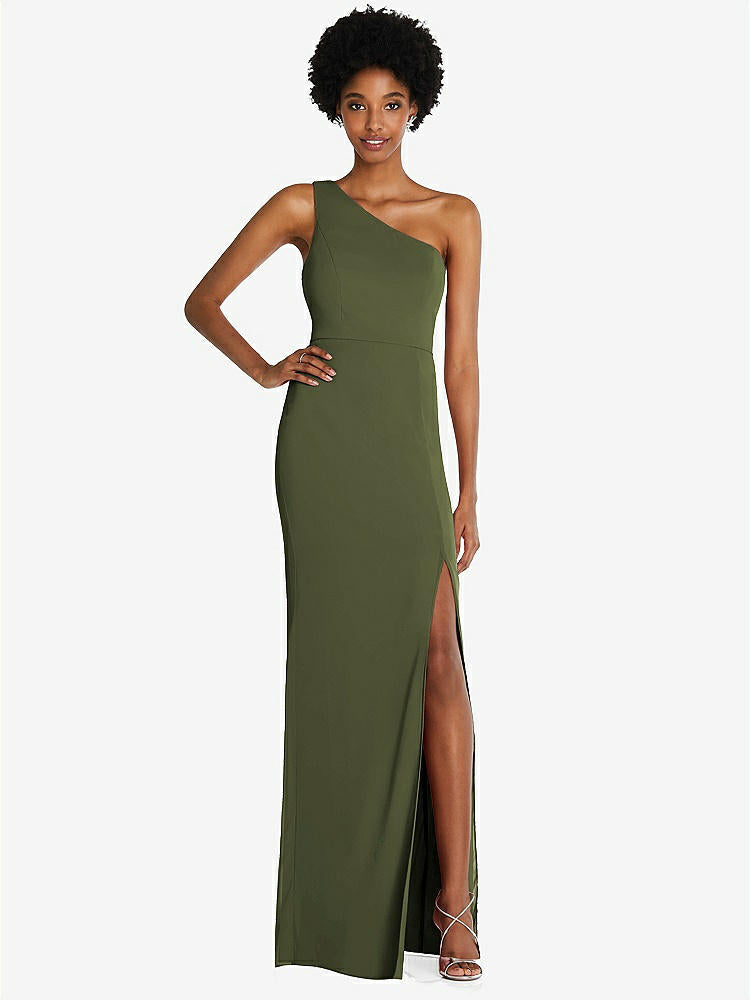 【STYLE: TH014】One-Shoulder Chiffon Trumpet Gown【COLOR: Olive Green】
