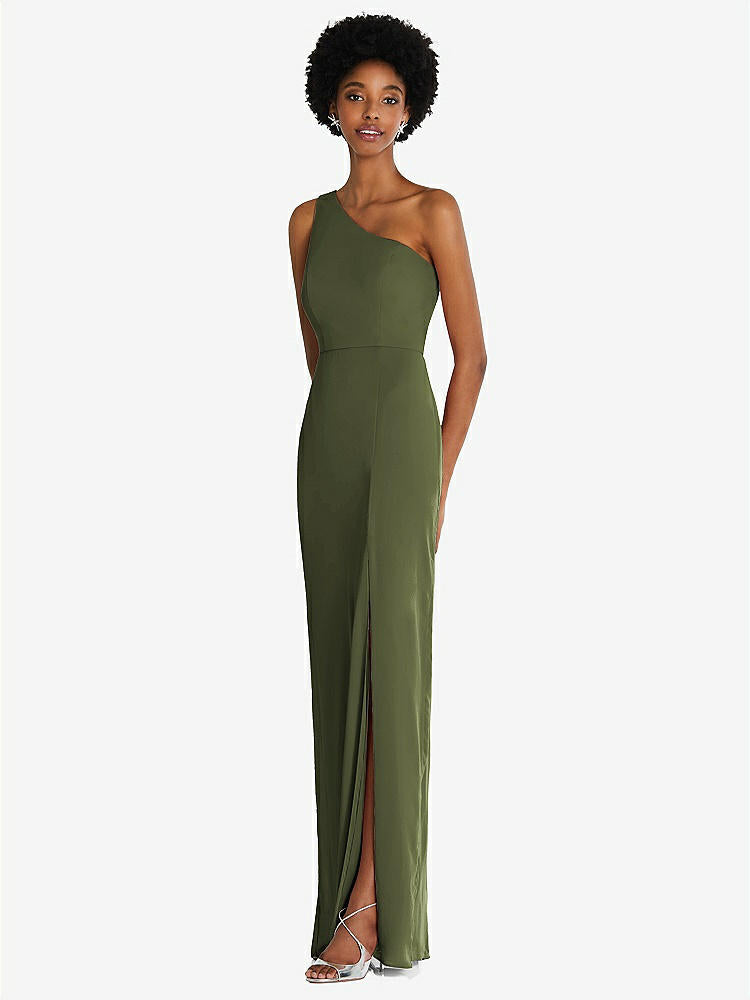 【STYLE: TH014】One-Shoulder Chiffon Trumpet Gown【COLOR: Olive Green】