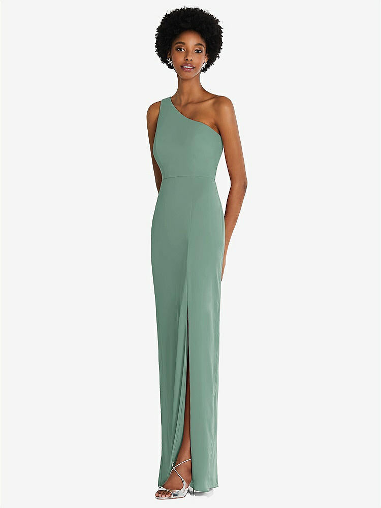 【STYLE: TH014】One-Shoulder Chiffon Trumpet Gown【COLOR: Seagrass】