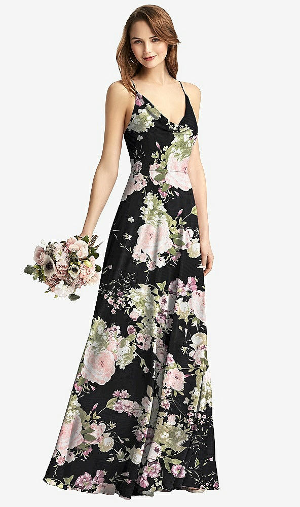 【STYLE: TH015】Cowl Neck Criss Cross Back Maxi Dress【COLOR: Noir Garden】