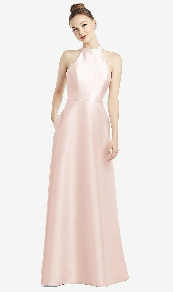 【STYLE: D772】High-Neck Cutout Satin Dress with Pockets【COLOR: Blush】