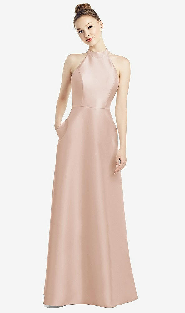 【STYLE: D772】High-Neck Cutout Satin Dress with Pockets【COLOR: Cameo】