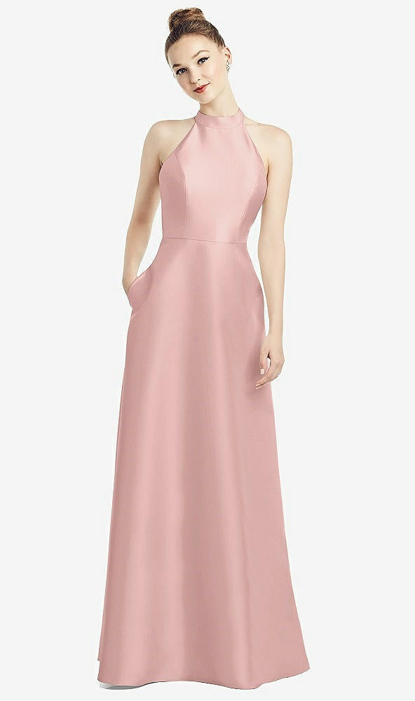 【STYLE: D772】High-Neck Cutout Satin Dress with Pockets【COLOR: Rose - PANTONE Rose Quartz】