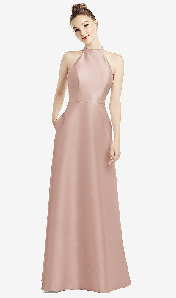 【STYLE: D772】High-Neck Cutout Satin Dress with Pockets【COLOR: Toasted Sugar】