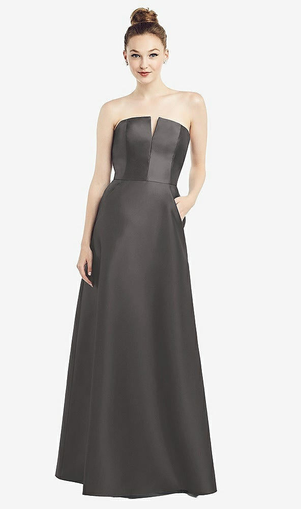 【STYLE: D774】Strapless Notch Satin Gown with Pockets【COLOR: Caviar Gray】