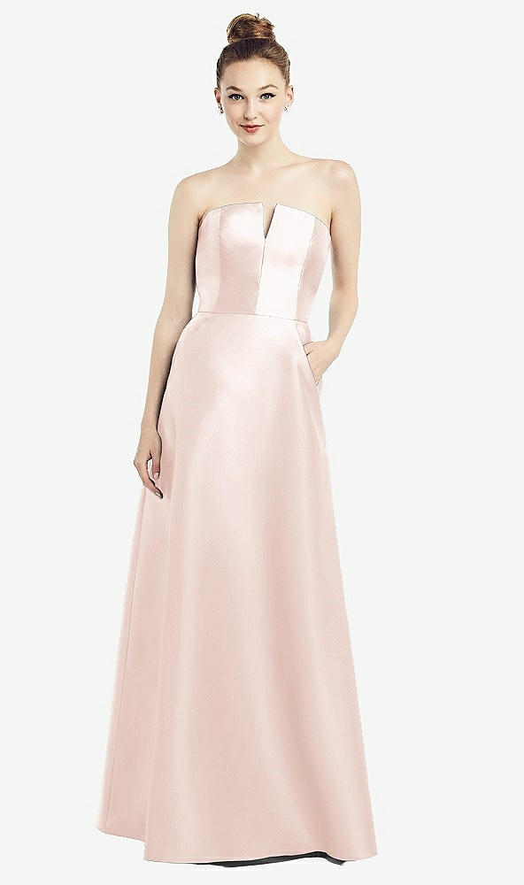 【NEW】【STYLE: D774】ストラップレス ノッチ サテン ガウン ポケット付き【COLOR: Blush】【SIZE: 00-30W】