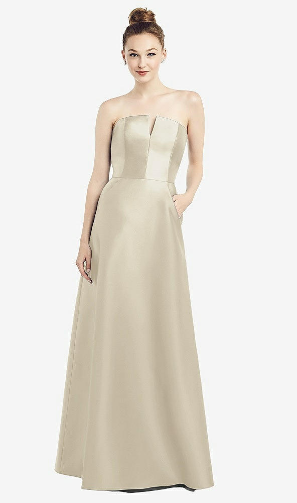 【NEW】【STYLE: D774】ストラップレス ノッチ サテン ガウン ポケット付き【COLOR: Champagne】【SIZE: 00-30W】