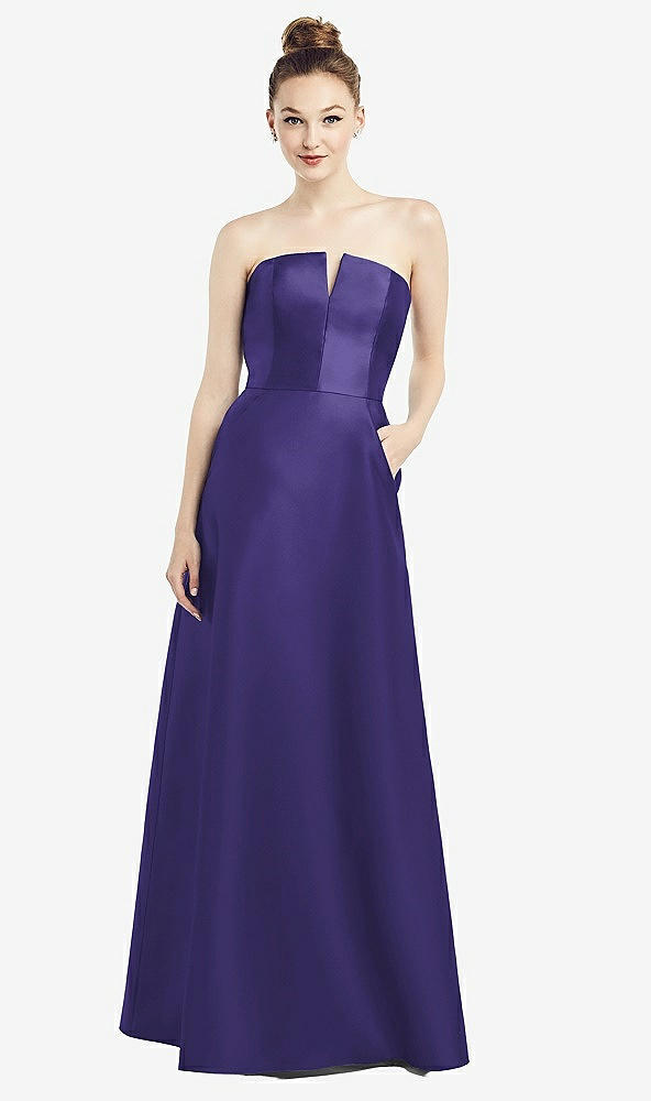 【STYLE: D774】Strapless Notch Satin Gown with Pockets【COLOR: Grape】