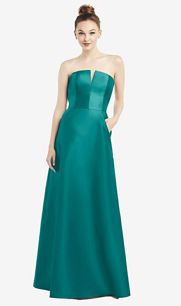 【STYLE: D774】Strapless Notch Satin Gown with Pockets【COLOR: Jade】