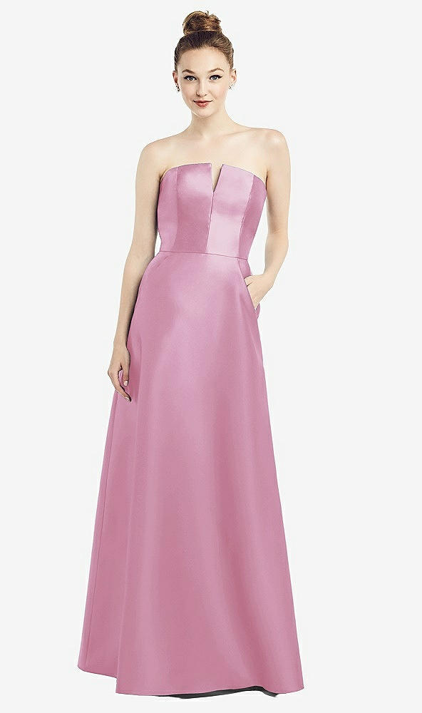 【STYLE: D774】Strapless Notch Satin Gown with Pockets【COLOR: Powder Pink】