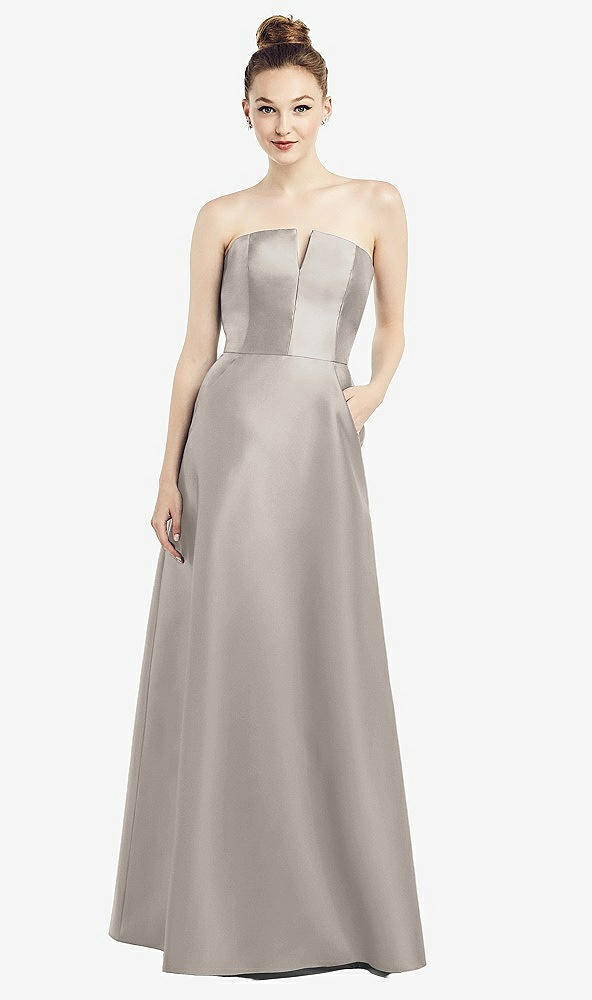【STYLE: D774】Strapless Notch Satin Gown with Pockets【COLOR: Taupe】