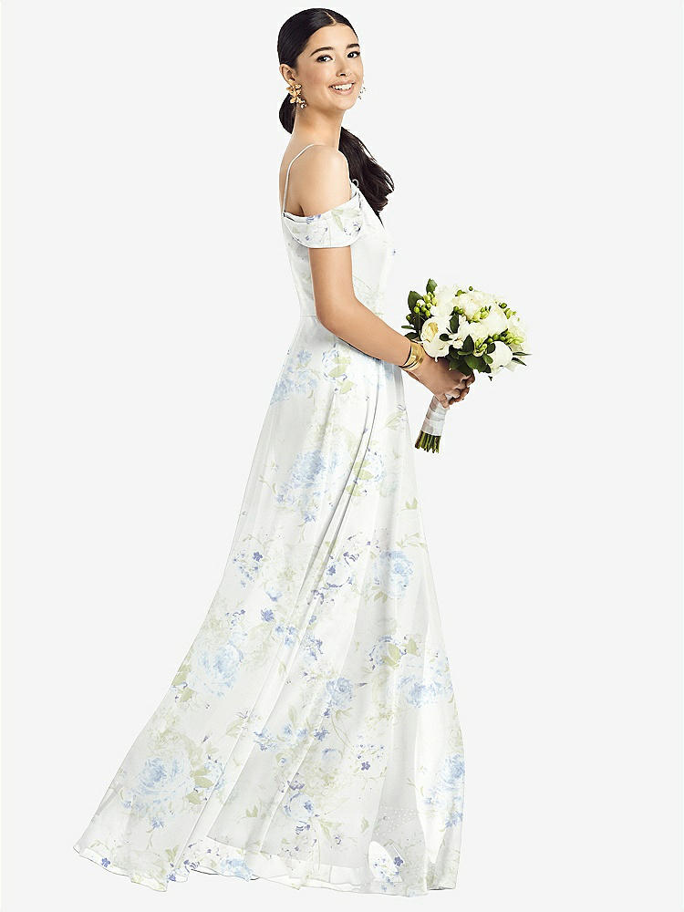 【STYLE: 1526】Cold-Shoulder V-Back Chiffon Maxi Dress【COLOR: Bleu Garden】