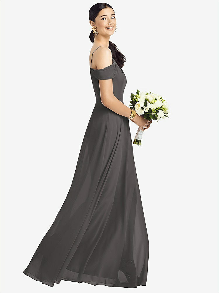 【STYLE: 1526】Cold-Shoulder V-Back Chiffon Maxi Dress【COLOR: Caviar Gray】