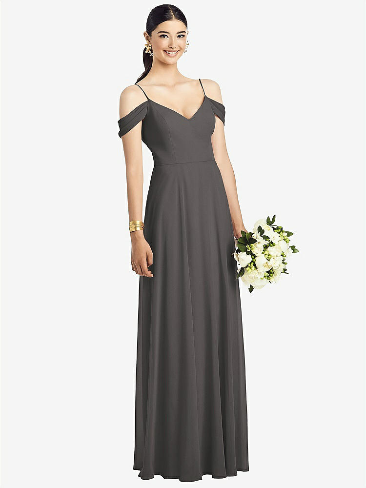 【STYLE: 1526】Cold-Shoulder V-Back Chiffon Maxi Dress【COLOR: Caviar Gray】