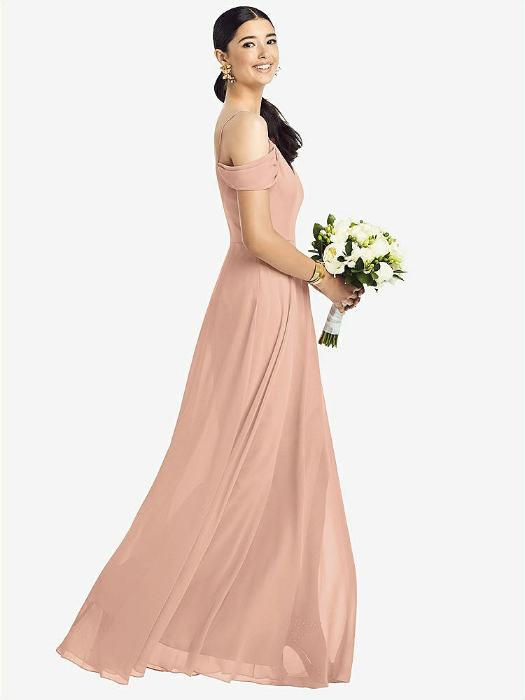 【STYLE: 1526】Cold-Shoulder V-Back Chiffon Maxi Dress【COLOR: Pale Peach】