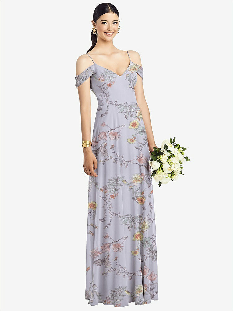 【STYLE: 1526】Cold-Shoulder V-Back Chiffon Maxi Dress【COLOR: Butterfly Botanica Silver Dove】