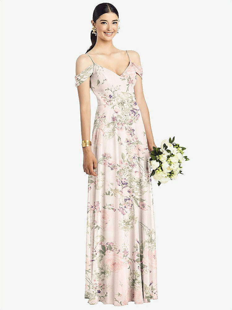 【STYLE: 1526】Cold-Shoulder V-Back Chiffon Maxi Dress【COLOR: Blush Garden】