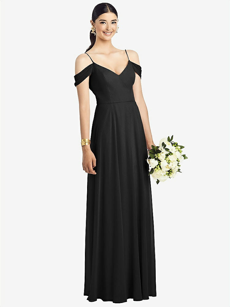 【STYLE: 1526】Cold-Shoulder V-Back Chiffon Maxi Dress【COLOR: Black】