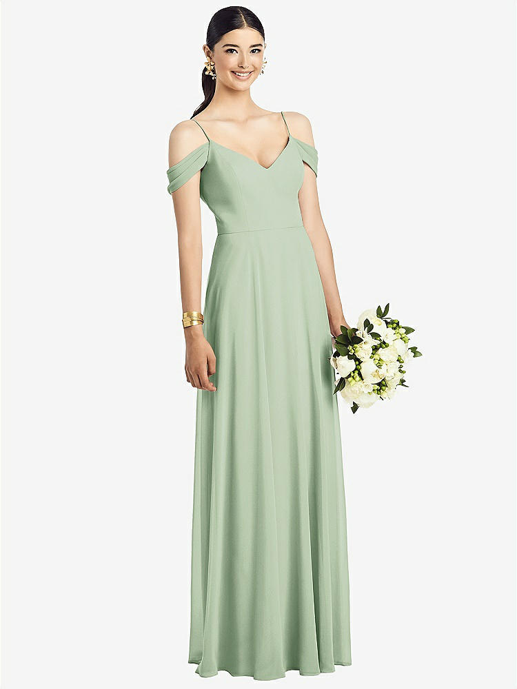 【STYLE: 1526】Cold-Shoulder V-Back Chiffon Maxi Dress【COLOR: Celadon】