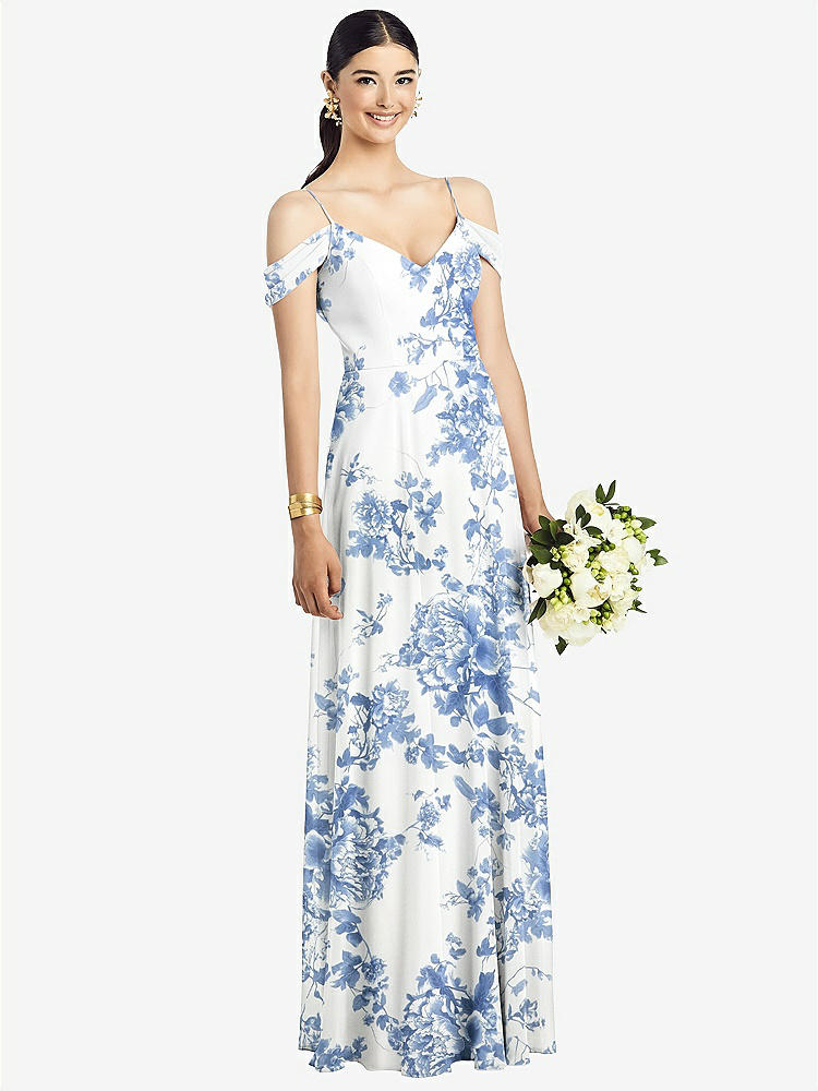 【NEW】【STYLE: 1526】コールドショルダー Vバック シフォン マキシ ドレス【COLOR: Cottage Rose Dusk Blue】【SIZE: 00-30W】