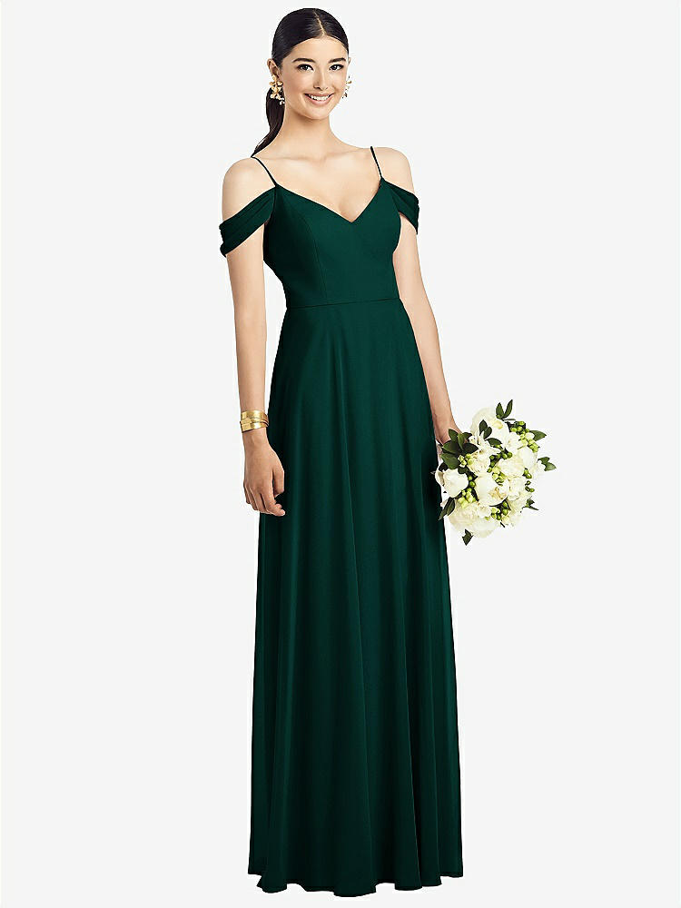 【STYLE: 1526】Cold-Shoulder V-Back Chiffon Maxi Dress【COLOR: Evergreen】