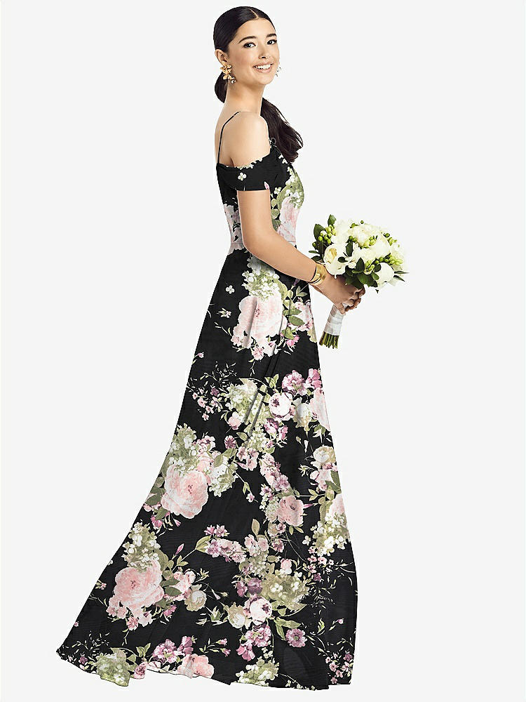 【STYLE: 1526】Cold-Shoulder V-Back Chiffon Maxi Dress【COLOR: Noir Garden】