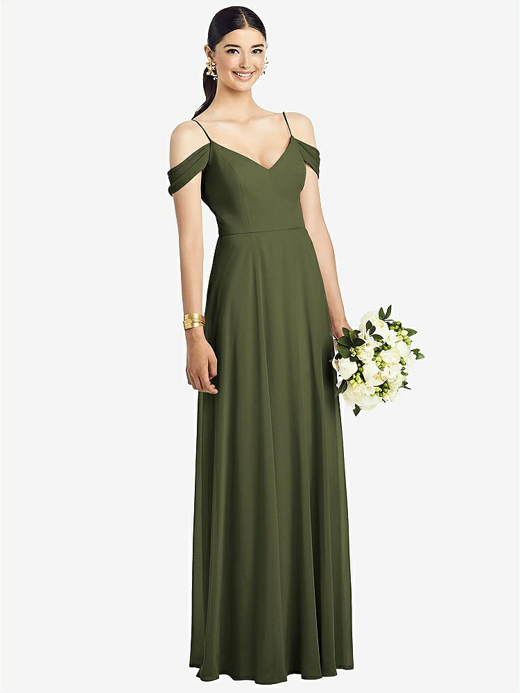 【STYLE: 1526】Cold-Shoulder V-Back Chiffon Maxi Dress【COLOR: Olive Green】