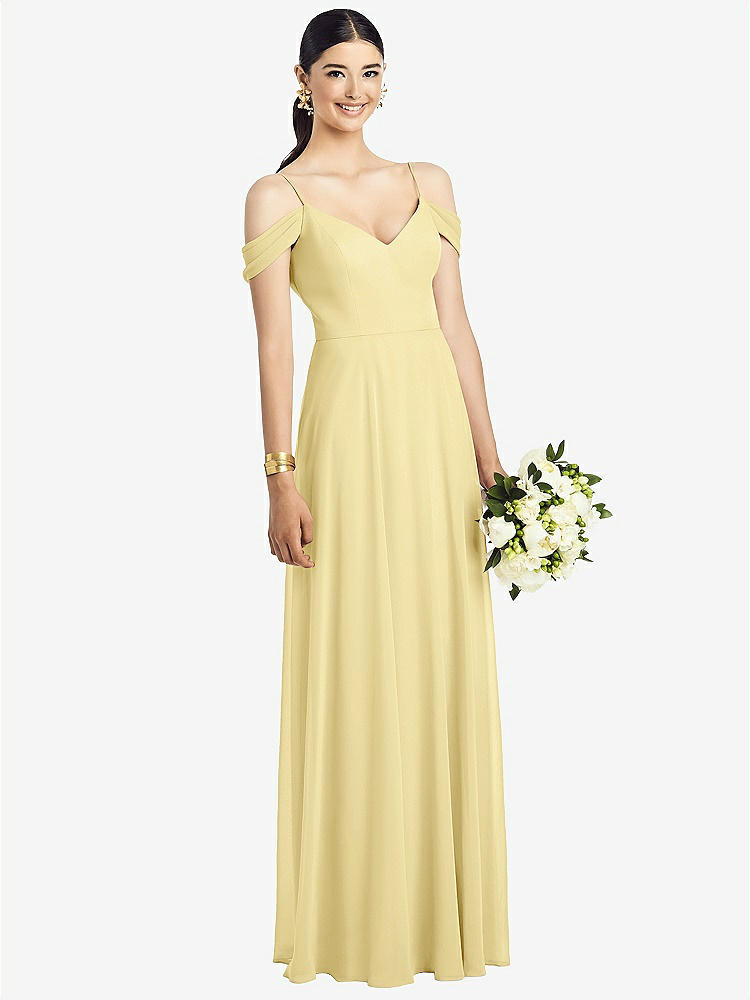 【STYLE: 1526】Cold-Shoulder V-Back Chiffon Maxi Dress【COLOR: Pale Yellow】