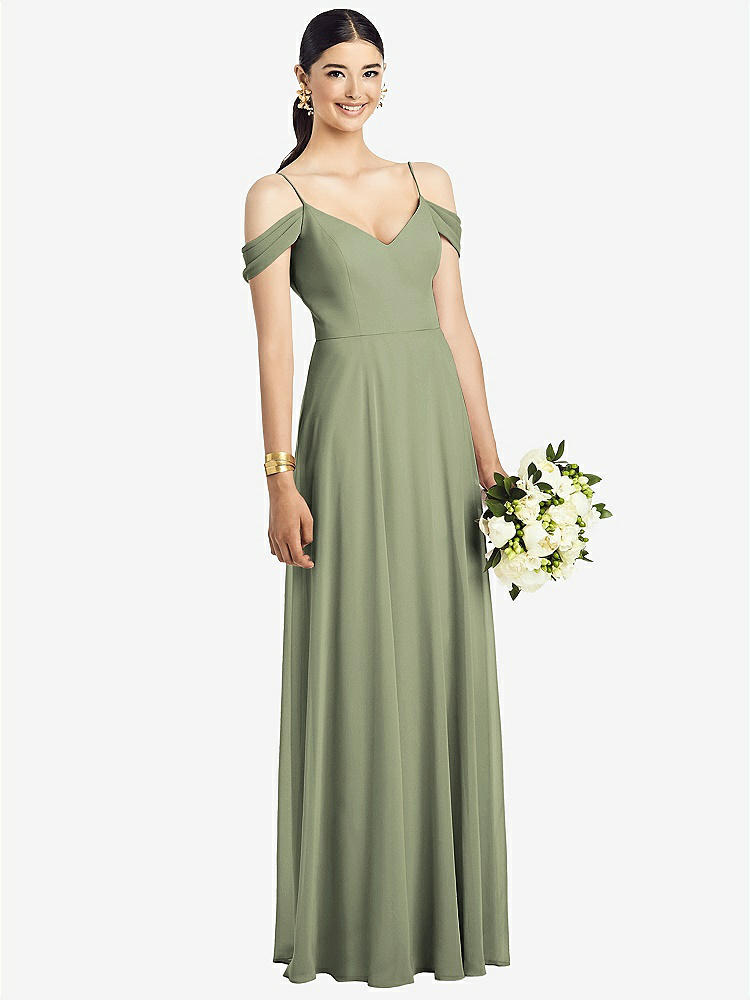 【STYLE: 1526】Cold-Shoulder V-Back Chiffon Maxi Dress【COLOR: Sage】