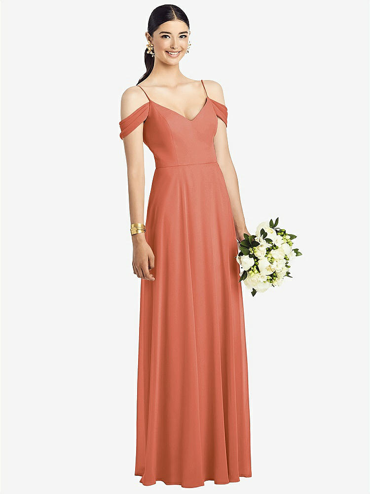 【STYLE: 1526】Cold-Shoulder V-Back Chiffon Maxi Dress【COLOR: Terracotta Copper】