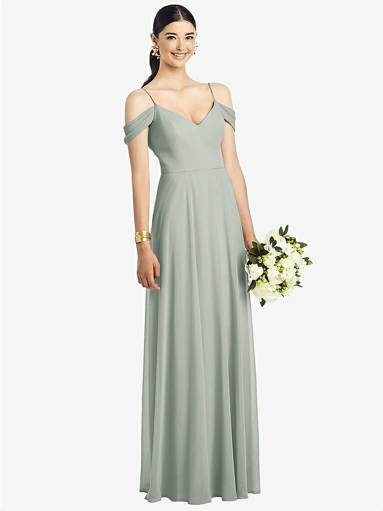 【STYLE: 1526】Cold-Shoulder V-Back Chiffon Maxi Dress【COLOR: Willow Green】