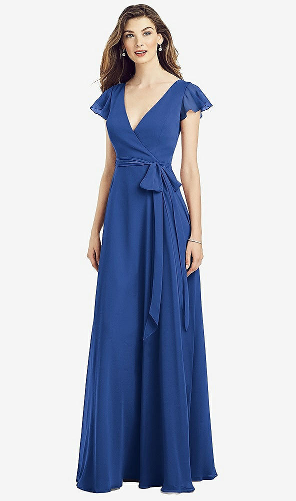 【STYLE: 6817】Flutter Sleeve Faux Wrap Chiffon Dress【COLOR: Classic Blue】