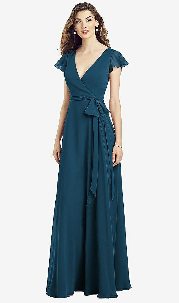 【STYLE: 6817】Flutter Sleeve Faux Wrap Chiffon Dress【COLOR: Atlantic Blue】