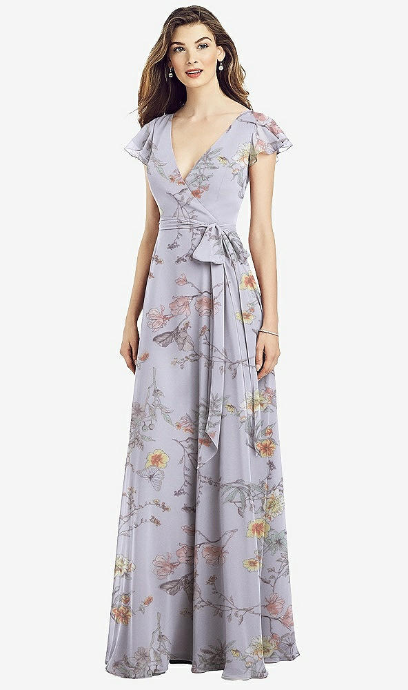 【STYLE: 6817】Flutter Sleeve Faux Wrap Chiffon Dress【COLOR: Butterfly Botanica Silver Dove】