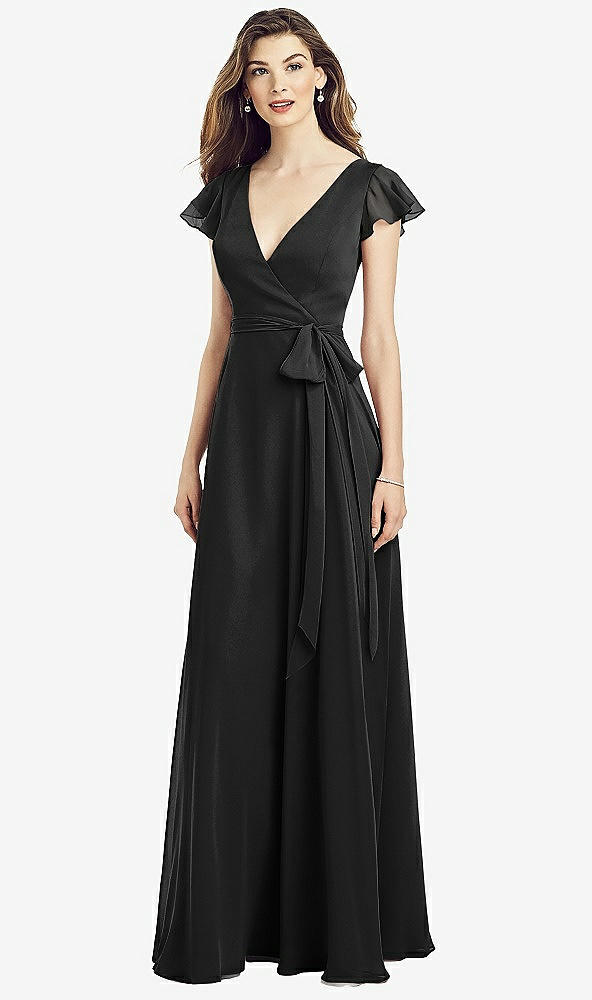 【STYLE: 6817】Flutter Sleeve Faux Wrap Chiffon Dress【COLOR: Black】