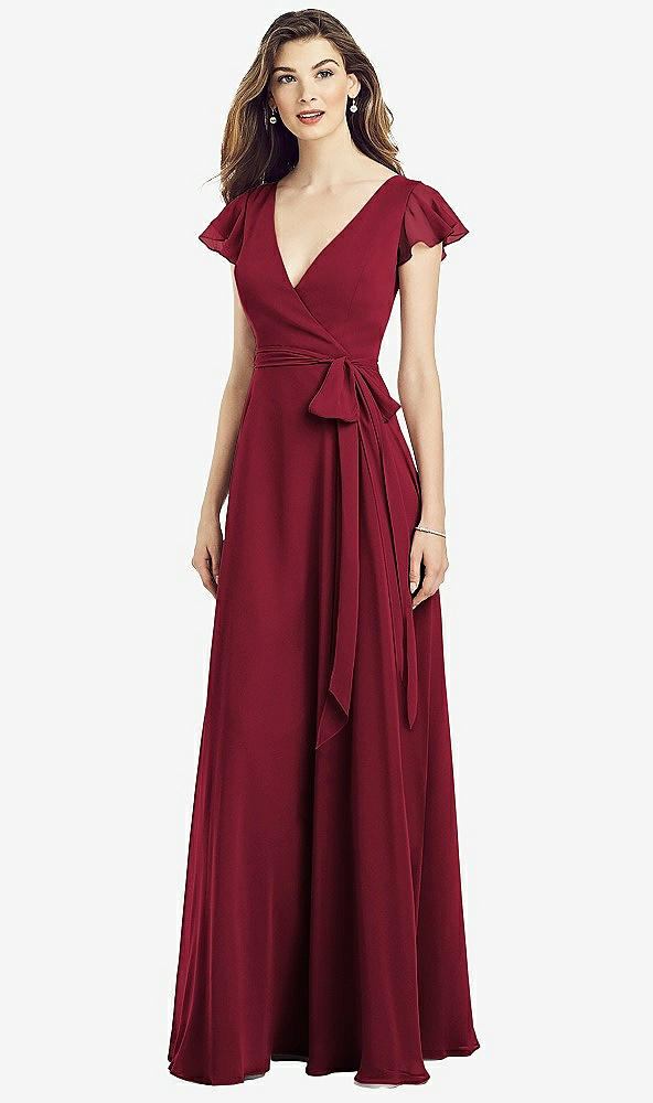 【STYLE: 6817】Flutter Sleeve Faux Wrap Chiffon Dress【COLOR: Burgundy】