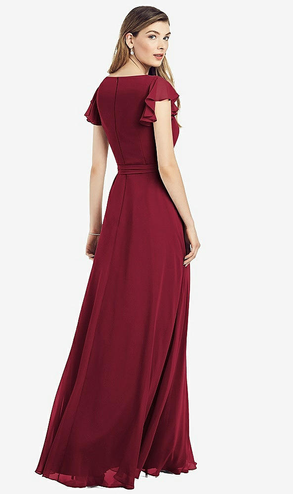 【STYLE: 6817】Flutter Sleeve Faux Wrap Chiffon Dress【COLOR: Burgundy】