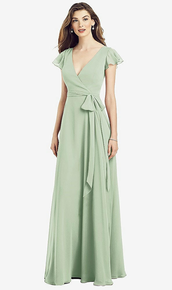 【STYLE: 6817】Flutter Sleeve Faux Wrap Chiffon Dress【COLOR: Celadon】