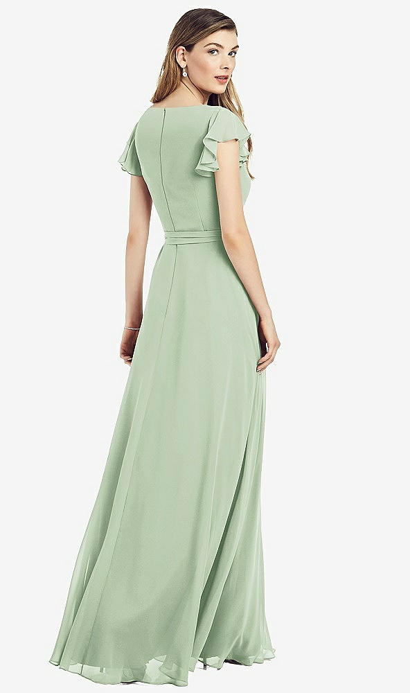 【STYLE: 6817】Flutter Sleeve Faux Wrap Chiffon Dress【COLOR: Celadon】