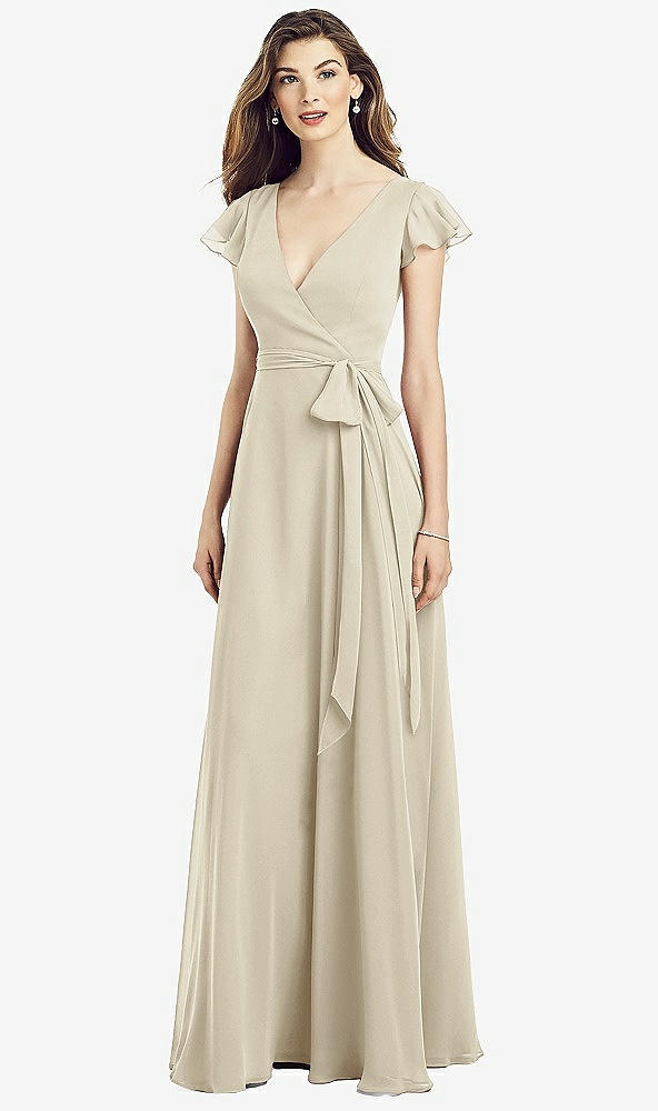 【STYLE: 6817】Flutter Sleeve Faux Wrap Chiffon Dress【COLOR: Champagne】