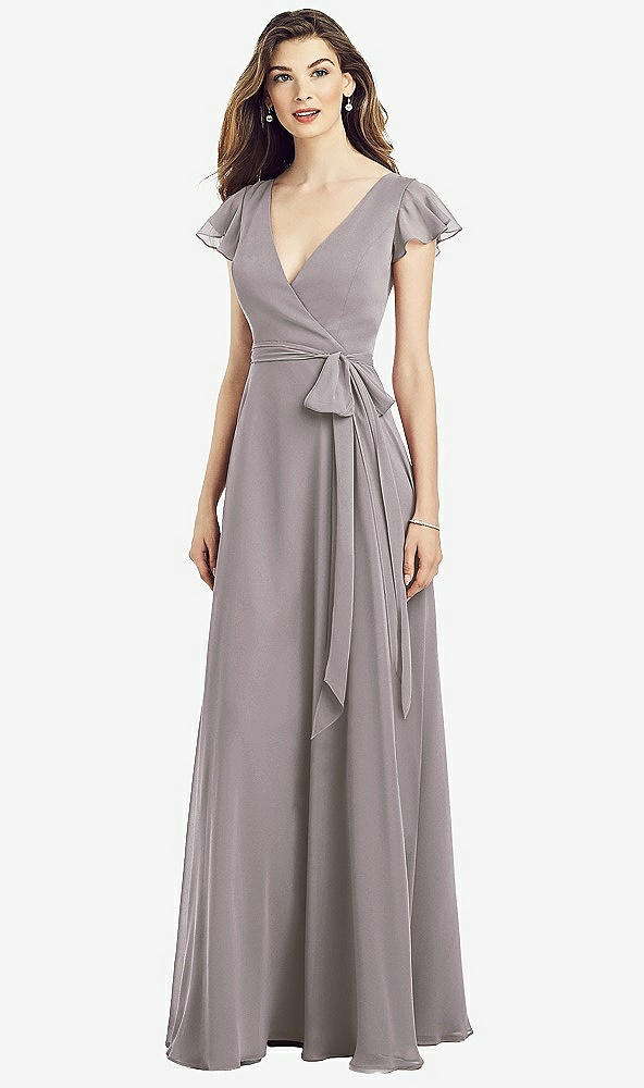 【STYLE: 6817】Flutter Sleeve Faux Wrap Chiffon Dress【COLOR: Cashmere Gray】