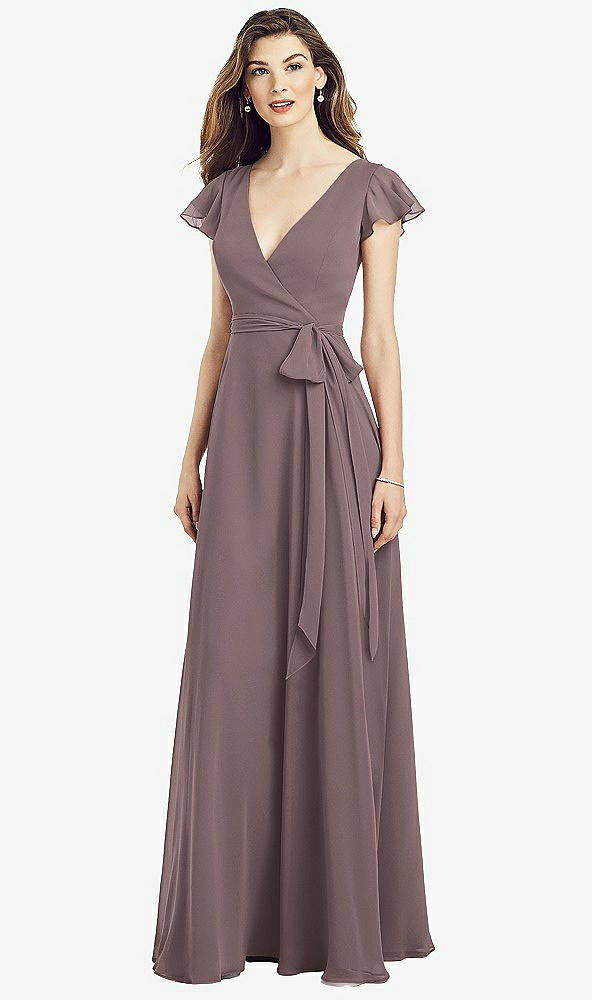 【STYLE: 6817】Flutter Sleeve Faux Wrap Chiffon Dress【COLOR: French Truffle】